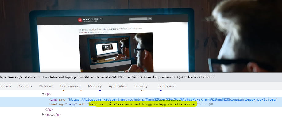 Verktøy for å inspisere kode viser alt-tekst for blogginnleggets bilde