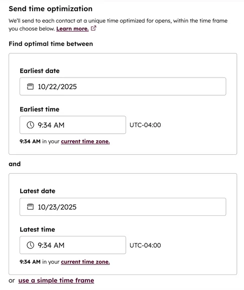 Screenshot of the email editor. The advanced optimal time selection screen is shown