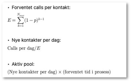 Eksempel på formel for forventet calls per kontakt