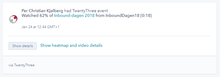 TwentyThree Video hendelse på kontaktkort