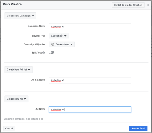 Facebook collection ads eksempel