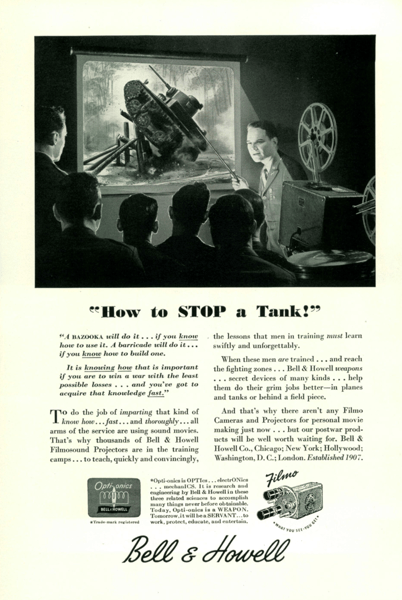 Utklipp fra markedskampanjen til Bell & Howell da de posisjonerte seg i markedet under andre verdenskrig slik at folk ikke skulle glemme dem