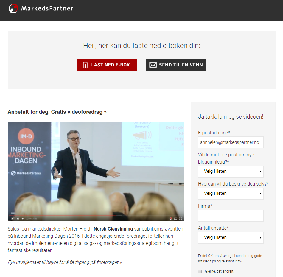 Markedspartner innholdstilbud på takkeside