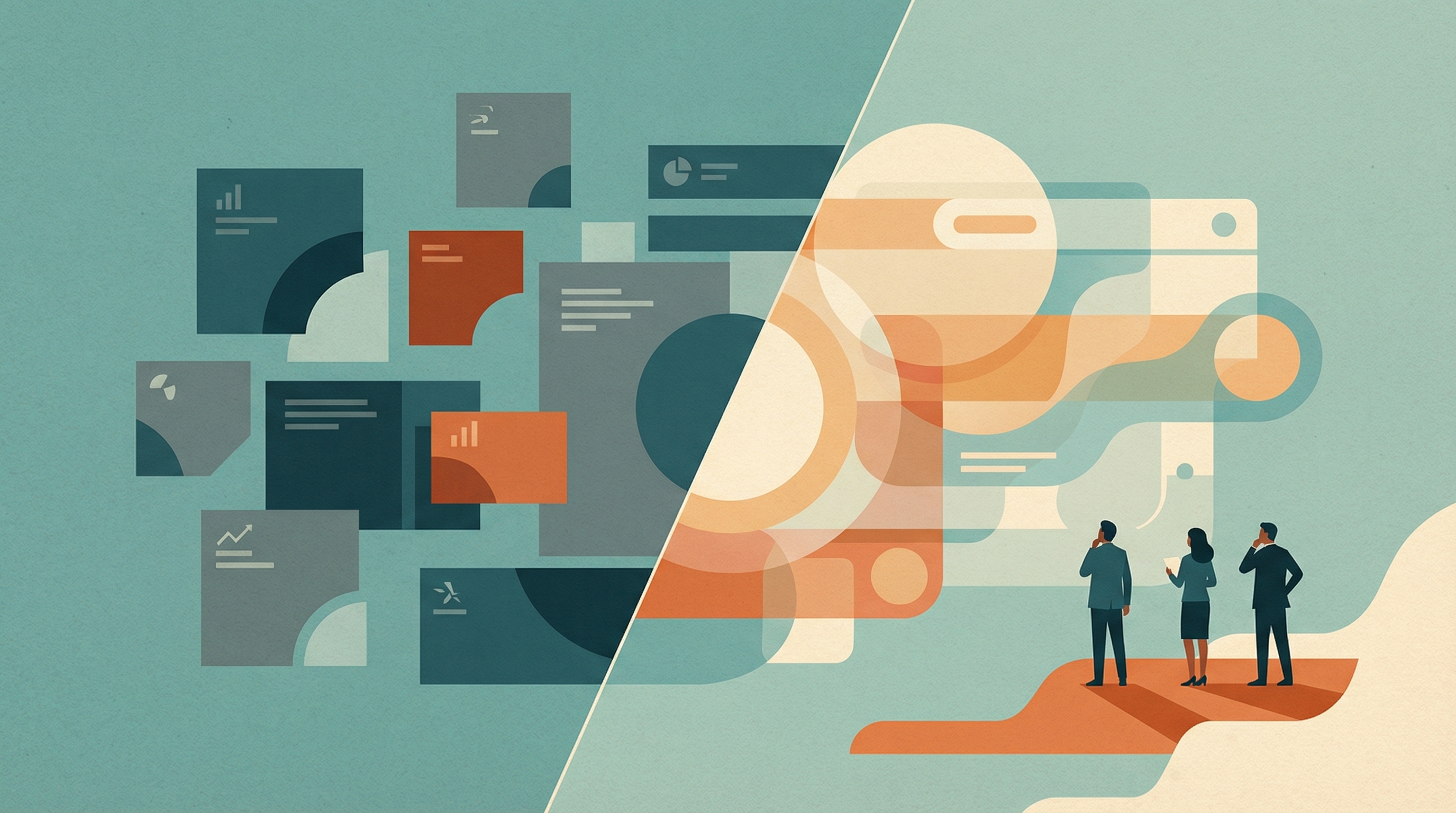 Illustrasjon som viser overgangen fra fragmenterte datablokker til venstre til en enhetlig, oversiktlig struktur til høyre.