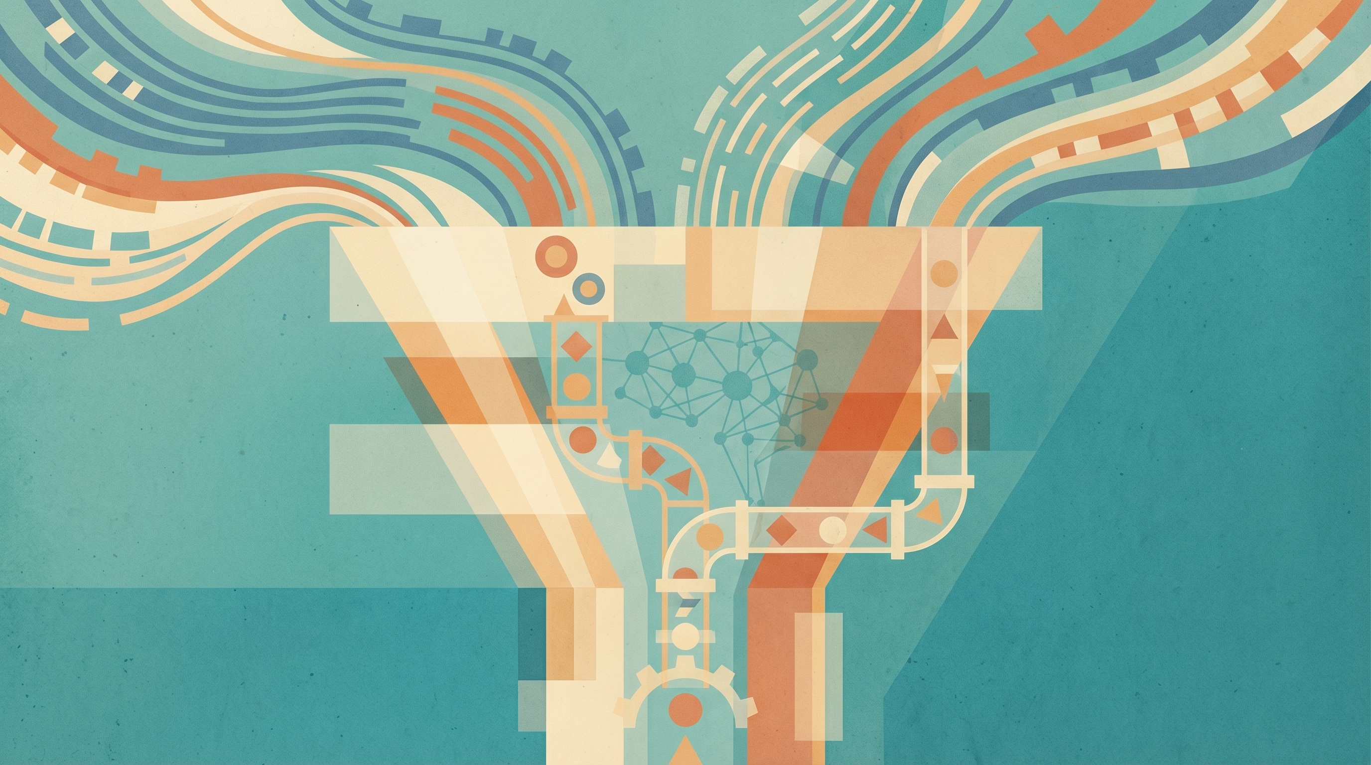Abstrakt geometrisk salgstrakt. Bølgende datastrømmer flyter ned i trakten, der små figurer systematiseres gjennom et rørsystem foran et mønster av et nevralt nettverk.