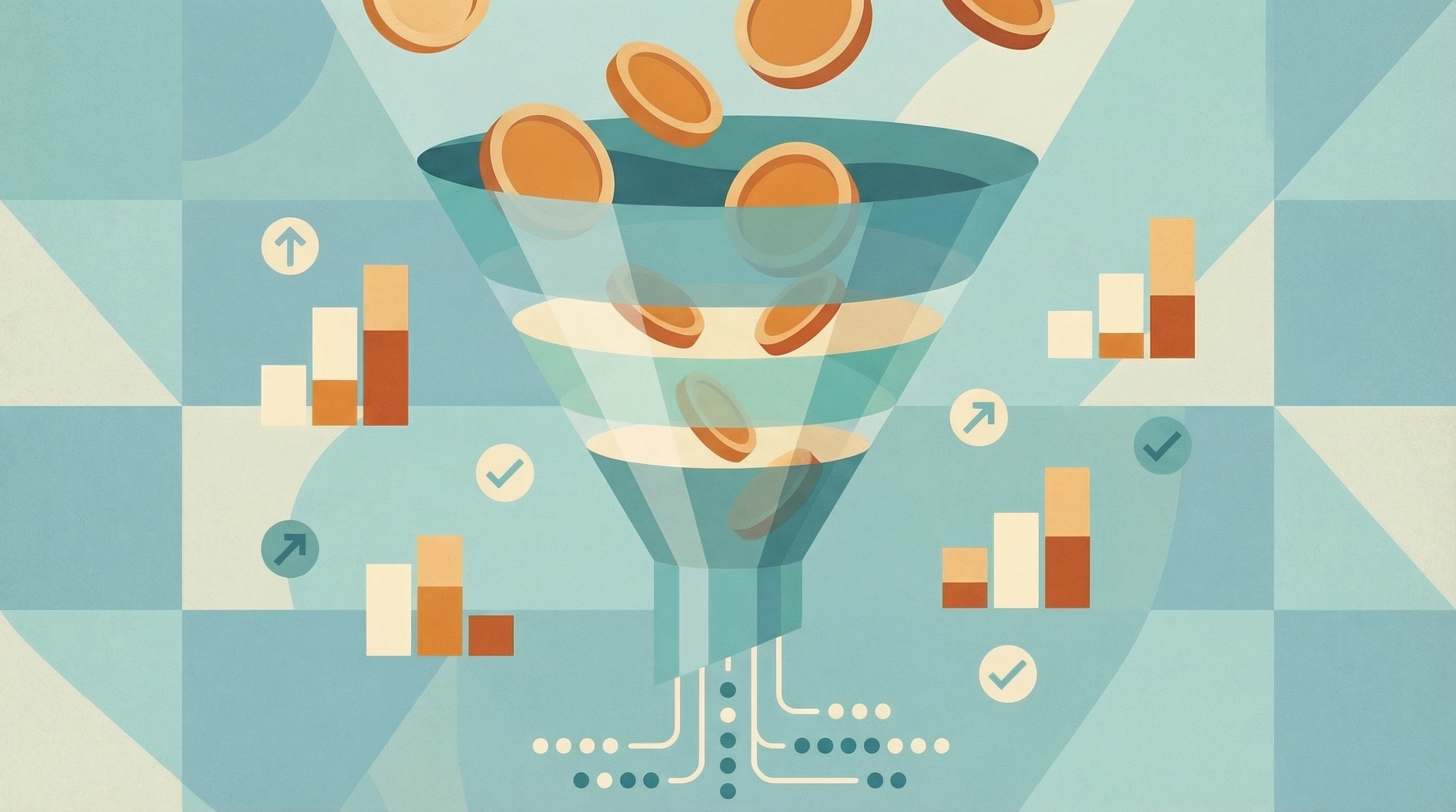 Illustrasjon av en konverteringstrakt som gjør annonsekroner om til målbare data, resultater og vekst.