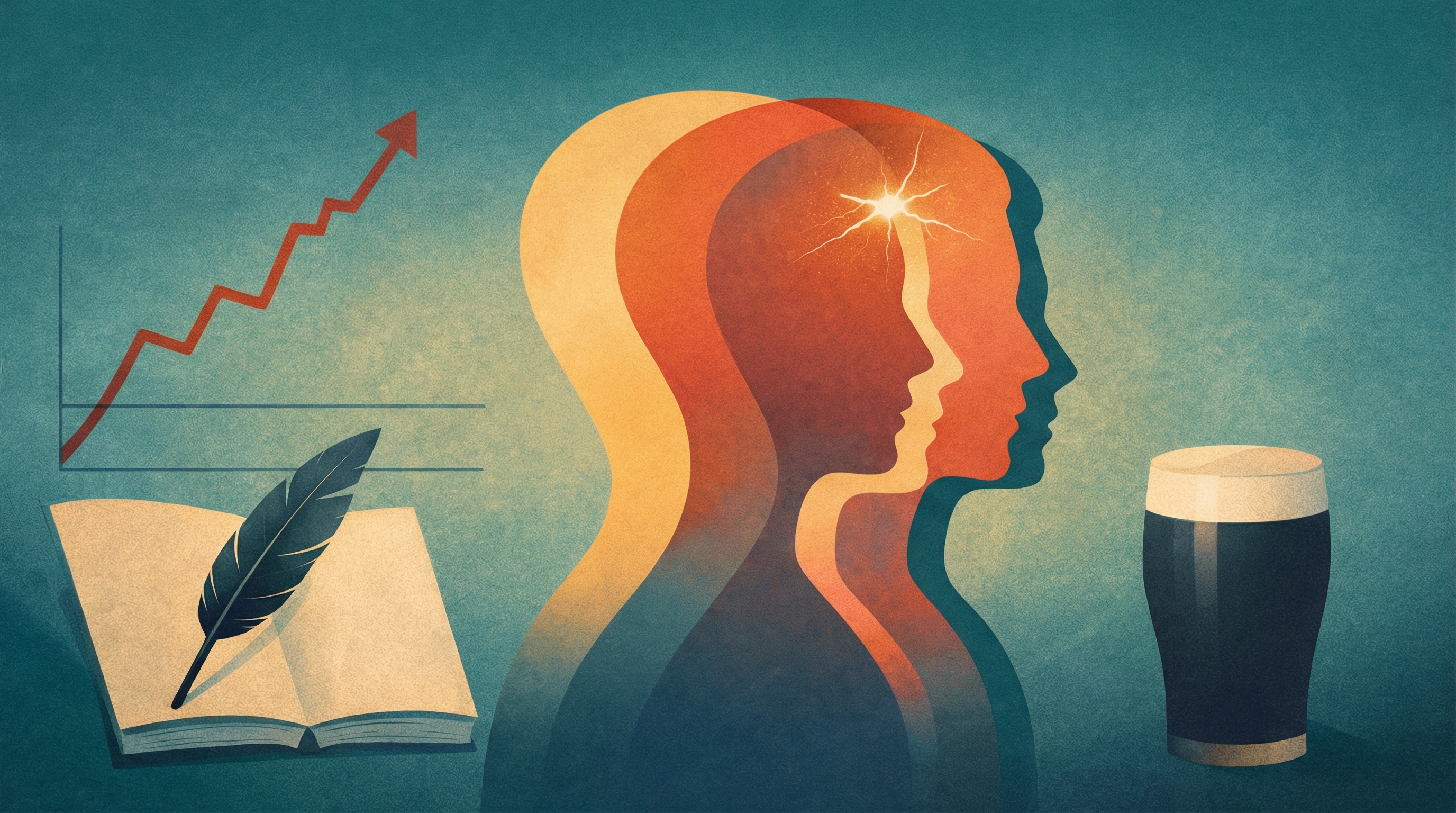 En illustrasjon i varm fargepalett som viser silhuetten av tre ansiktsprofiler som overlapper hverandre. Bildet inneholder symboler for kreativitet og utvikling: en oppovergående graf, en bok med en fjærpenn, et lysglimt i et av hodene, og et glass mørkt øl.