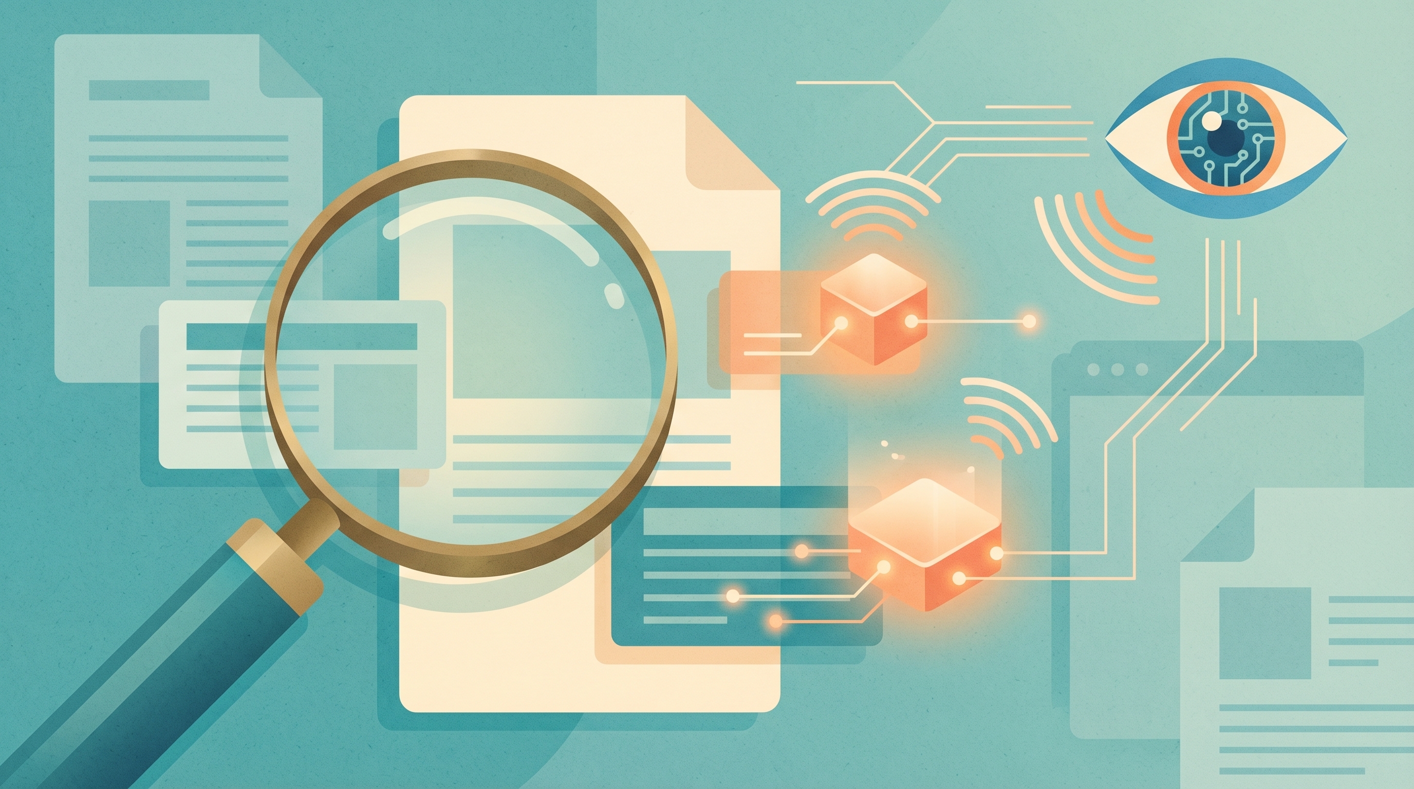 Et forstørrelsesglass og et digitalt øye skanner dokumenter. Utvalgte blokker lyser oransje og kobles til øyet, mens andre ark falmer.