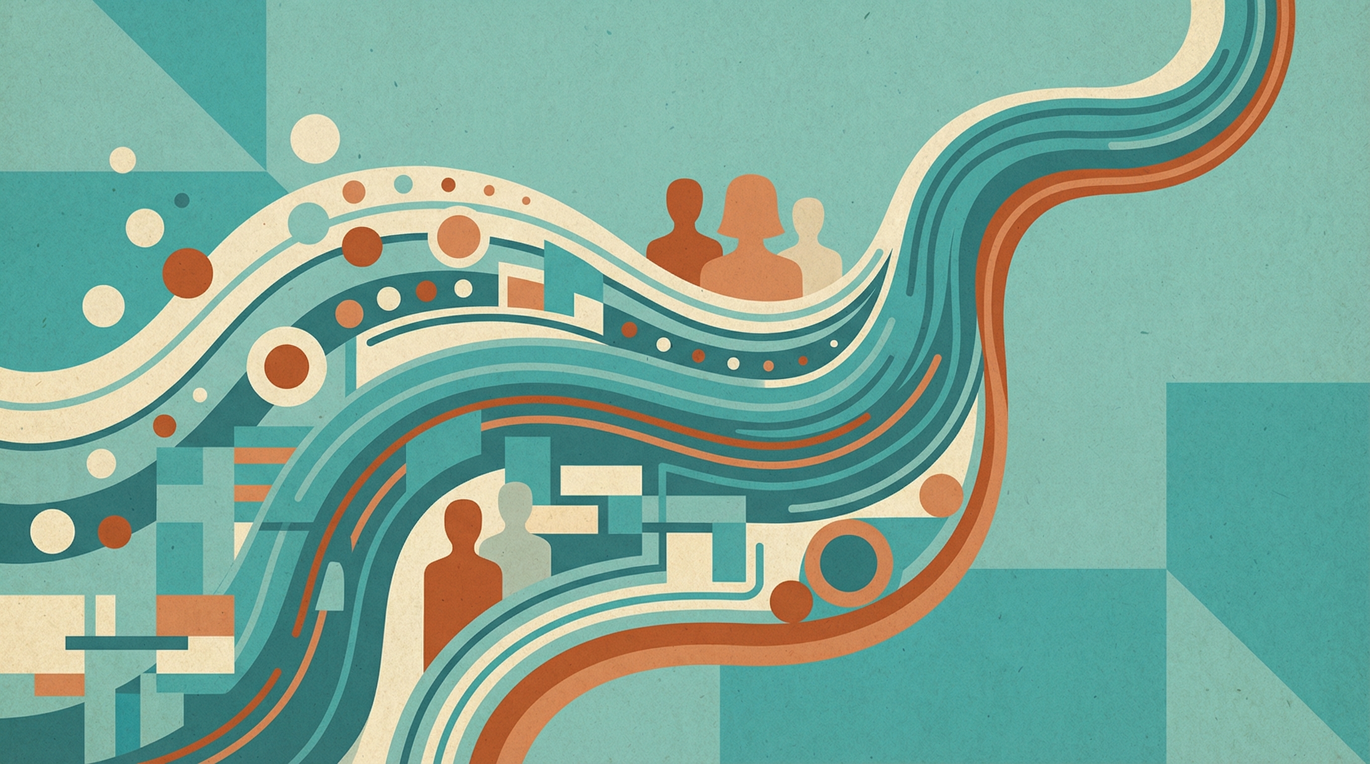 Illustrasjon som viser hvordan spredte data, systemer og mennesker samles til en helhetlig, strømlinjeformet kundereise.