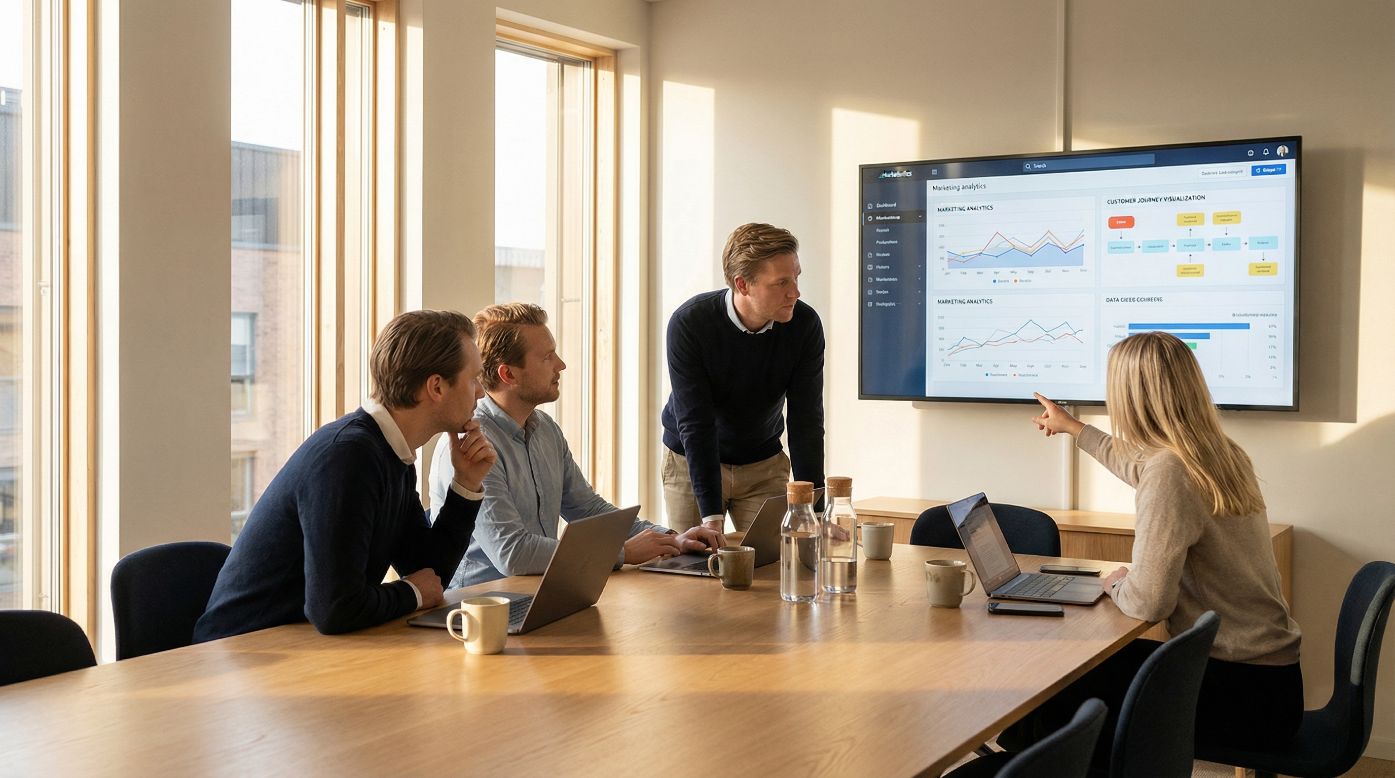 Et team diskuterer en markedsplan. En kvinne peker på et dashboard med grafer og analyser på en storskjerm.