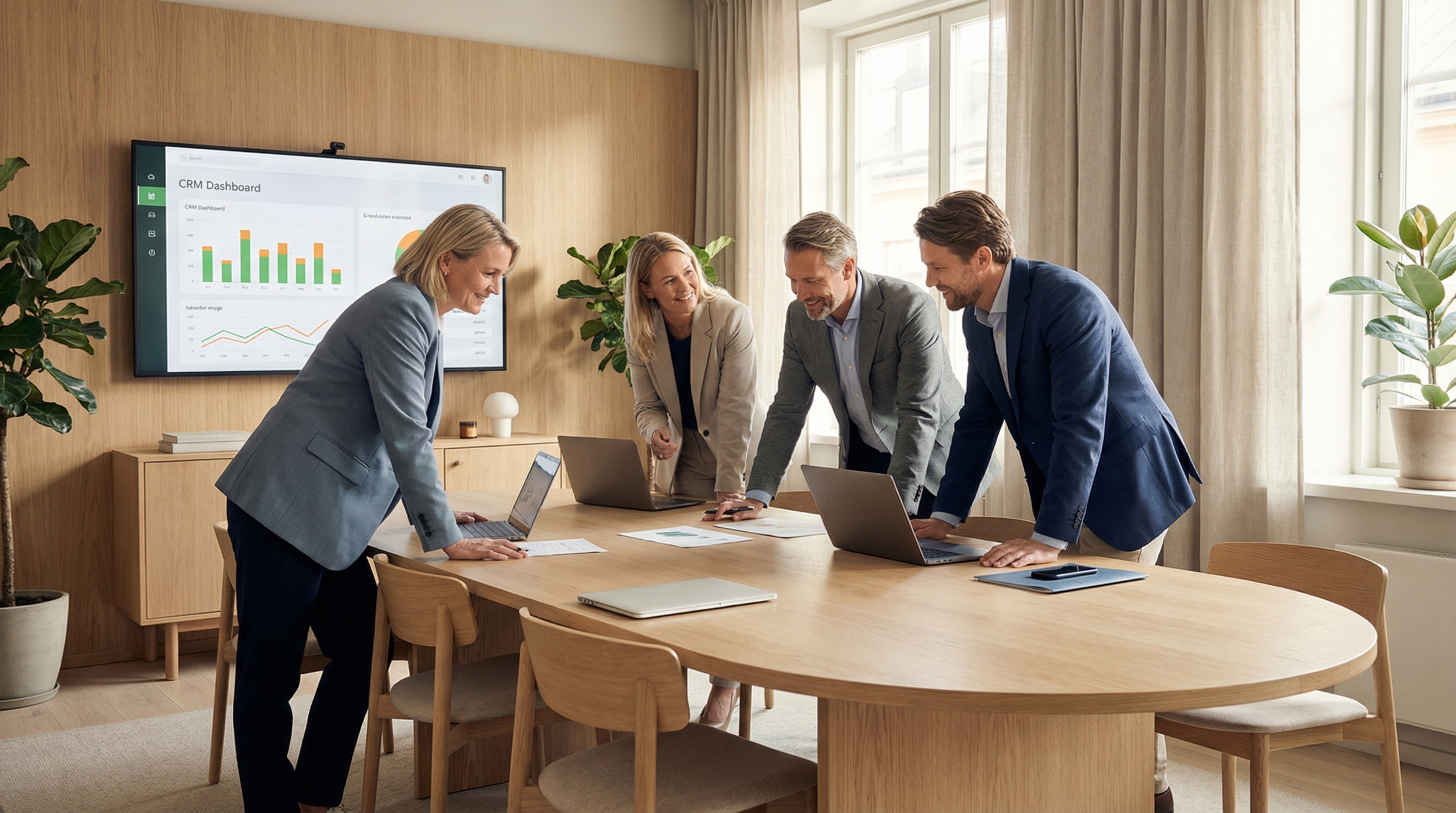 Forretningsfolk i et moderne nordisk kontor diskuterer CRM-strategi foran en skjerm med dashbord og datavisualiseringer