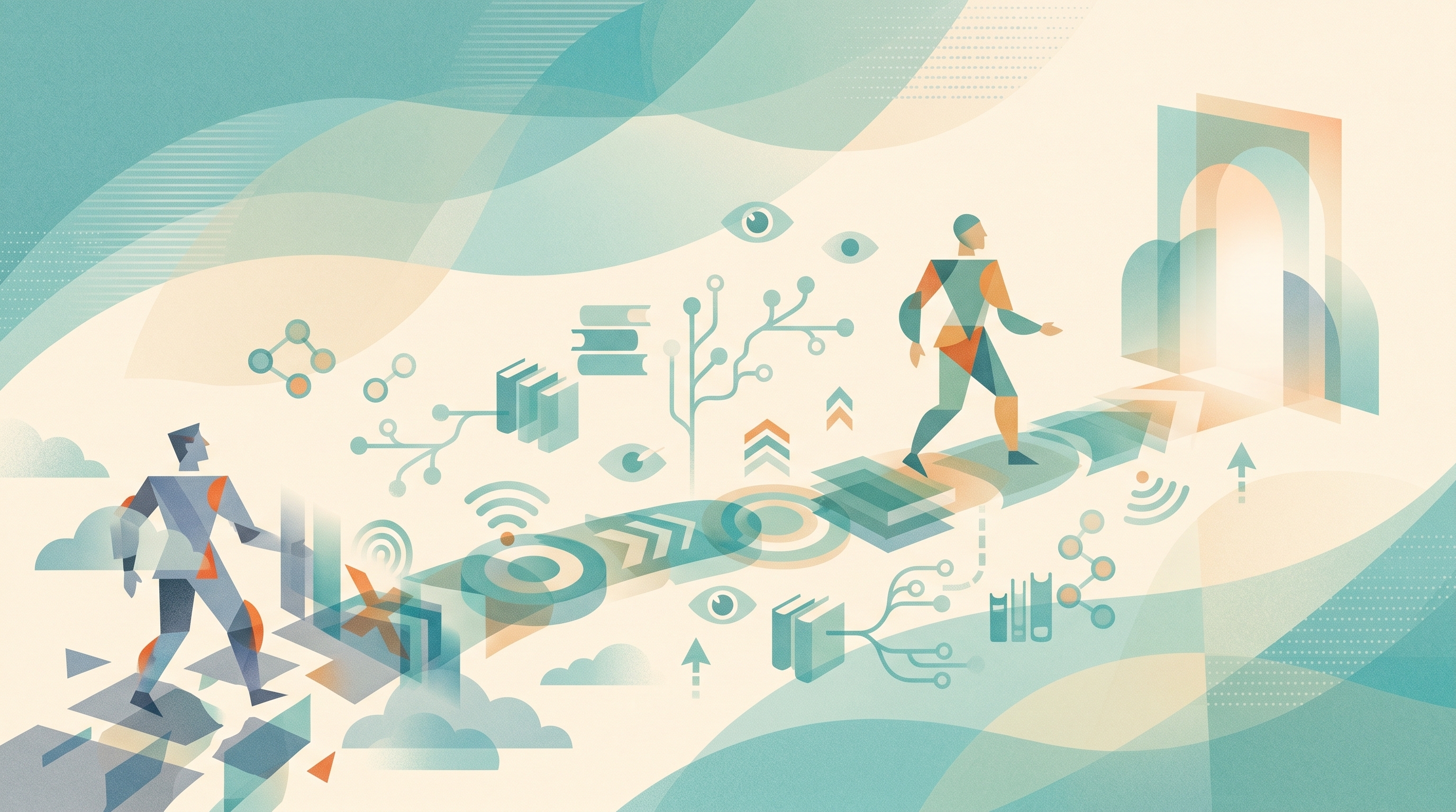 To abstrakte figurer. Den ene går langs en etablert sti mot en lysende portal, mens den andre henger etter og blokkeres fra å nå stien av ulike hindringer.