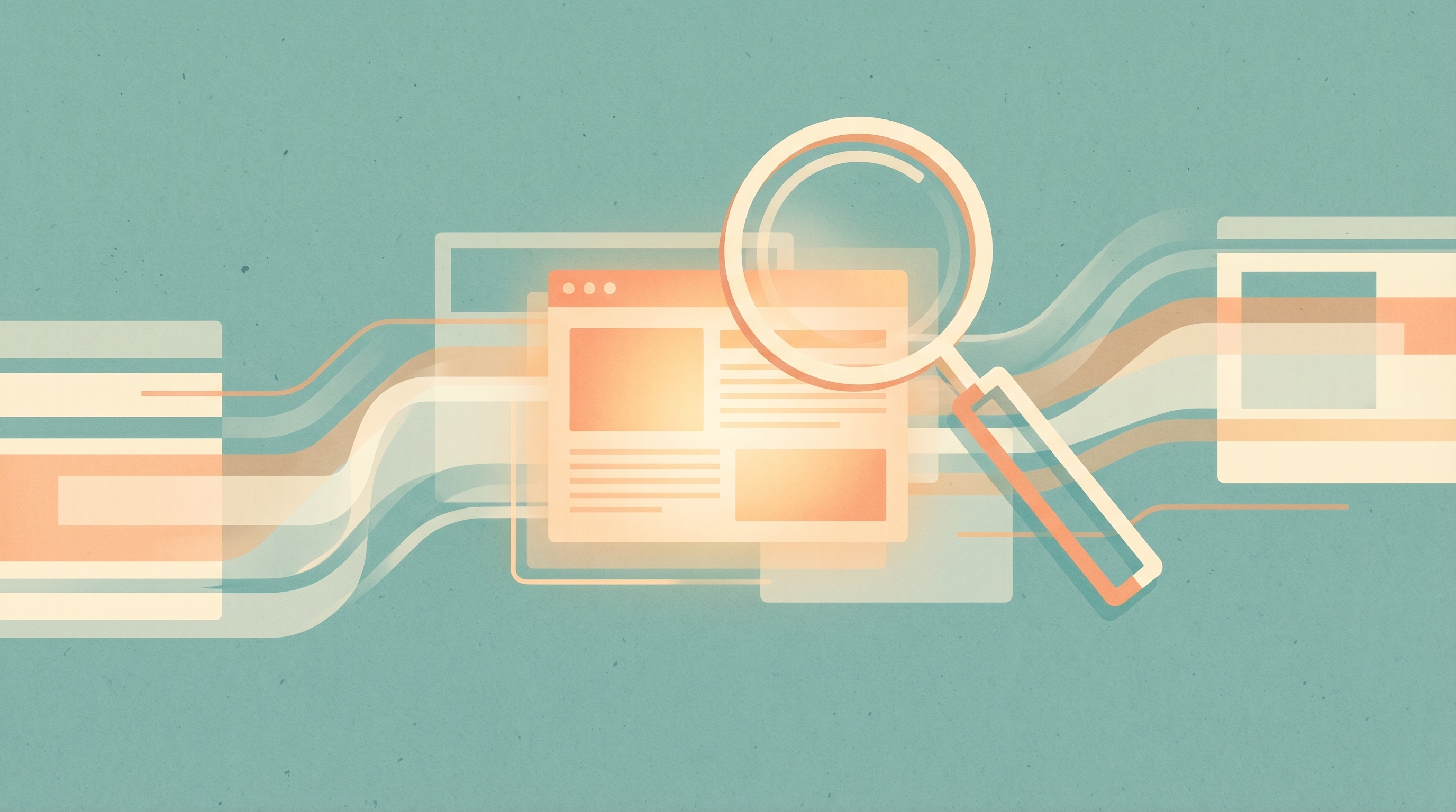 Et forstørrelsesglass fremhever en lysende nettside som skiller seg ut blant abstrakte digitale vinduer og bølgende datastrømmer.