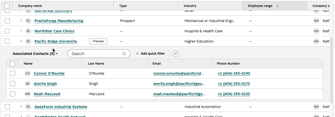 Visning av assosierte records i HubSpot CRM